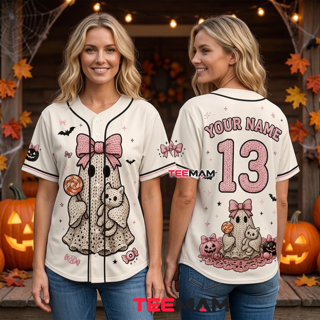Personalized Knit Ghost Halloween Baseball Jersey Cat Pink 3 Personalized Knit Ghost Halloween Baseball Jersey Cat Pink 3