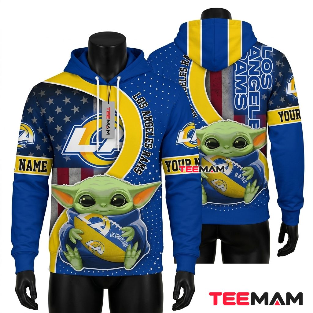 Personalized Los Angeles Rams 3D Hoodie Baby Yoda Football Front