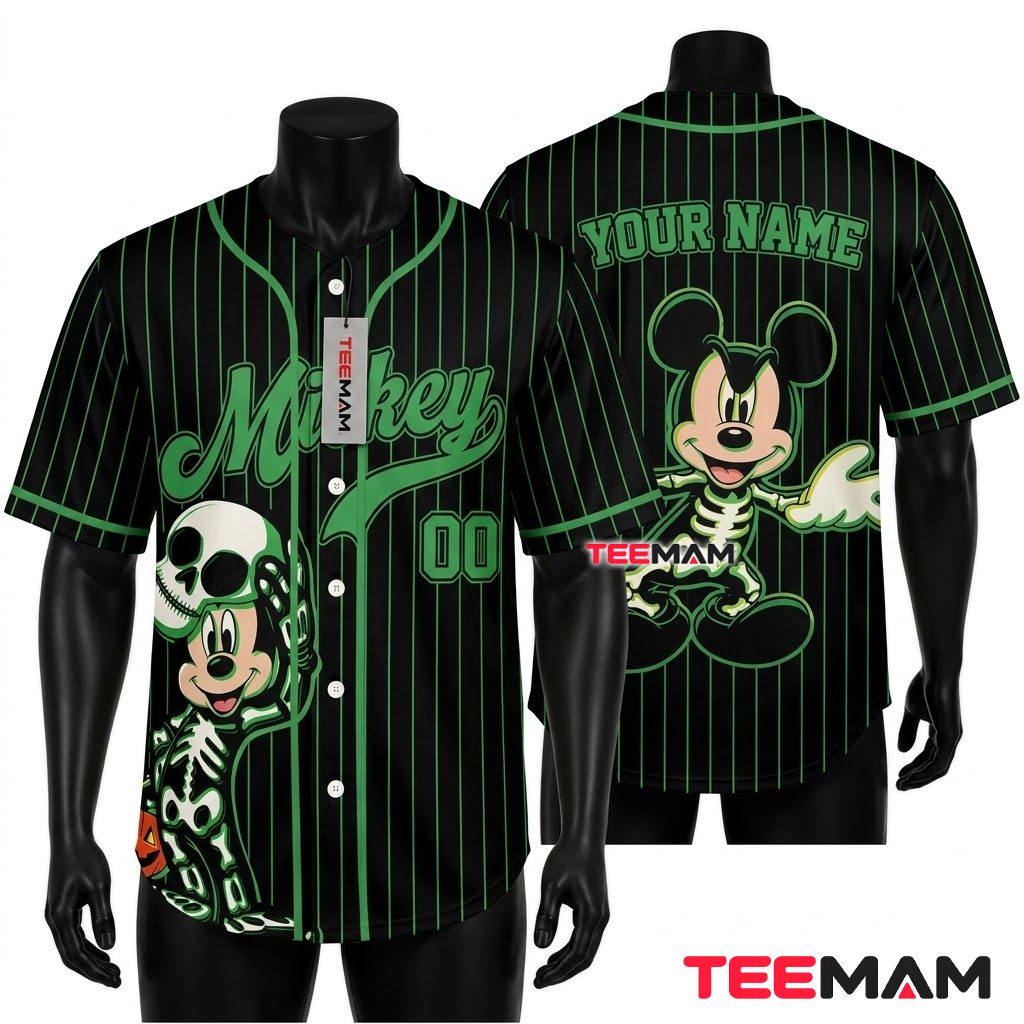Personalized Mickey Skeleton Halloween Baseball Jersey Green Pinstripe 1