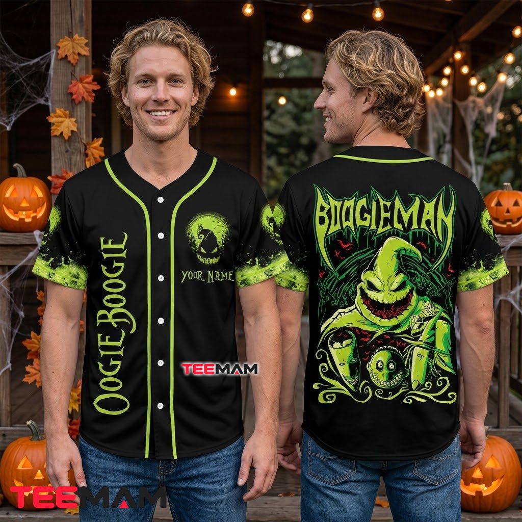 Personalized Oogie Boogie Halloween Baseball Jersey Boogieman Green 2 Personalized Oogie Boogie Halloween Baseball Jersey Boogieman Green 2