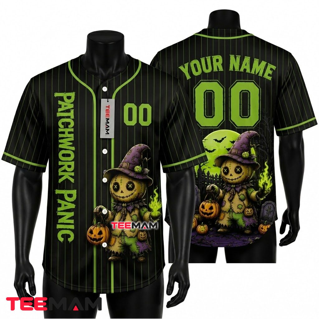 Personalized Patchwork Panic Halloween Baseball Jersey Scarecrow Green 1
