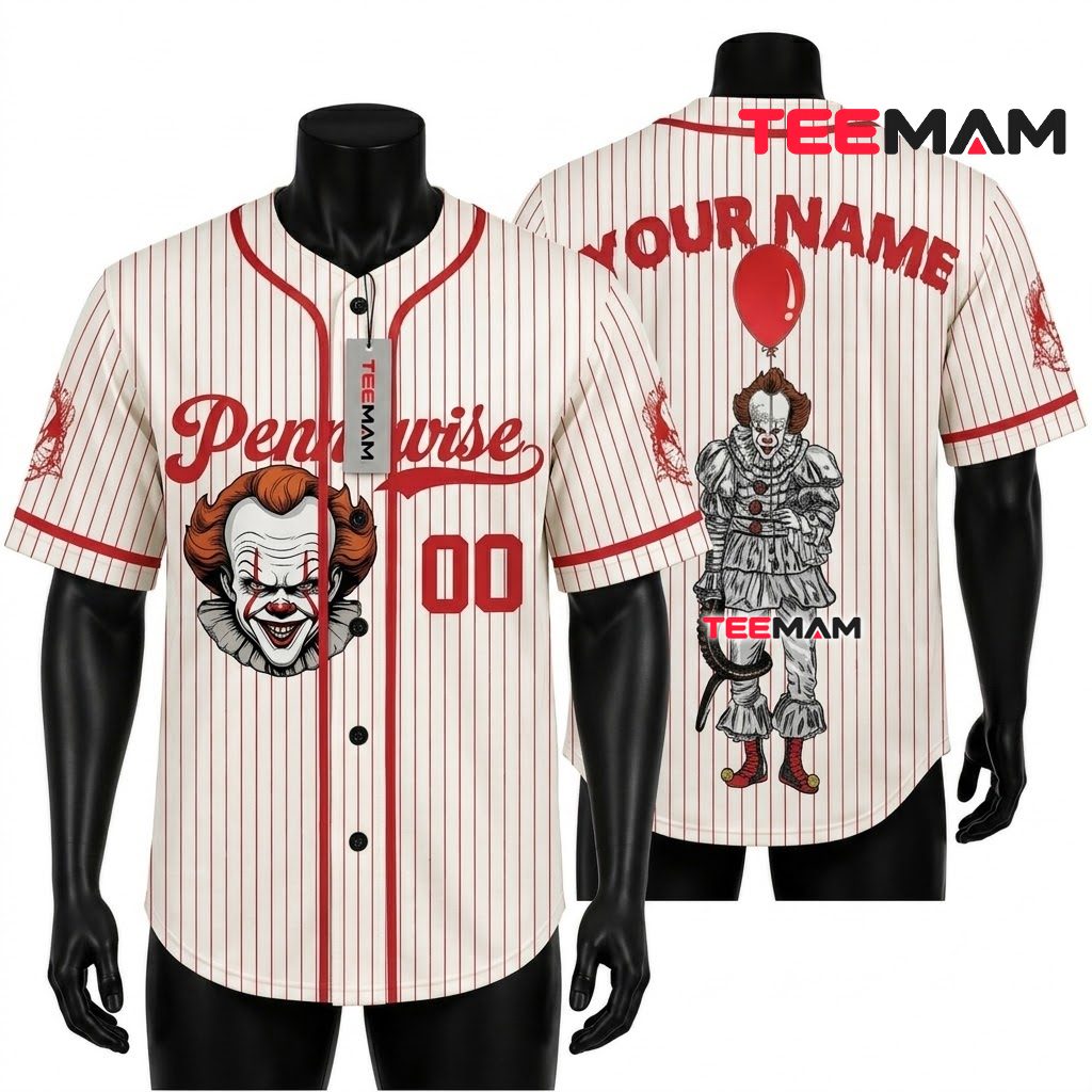 Personalized Pennywise Baseball Jersey Halloween Red White 1