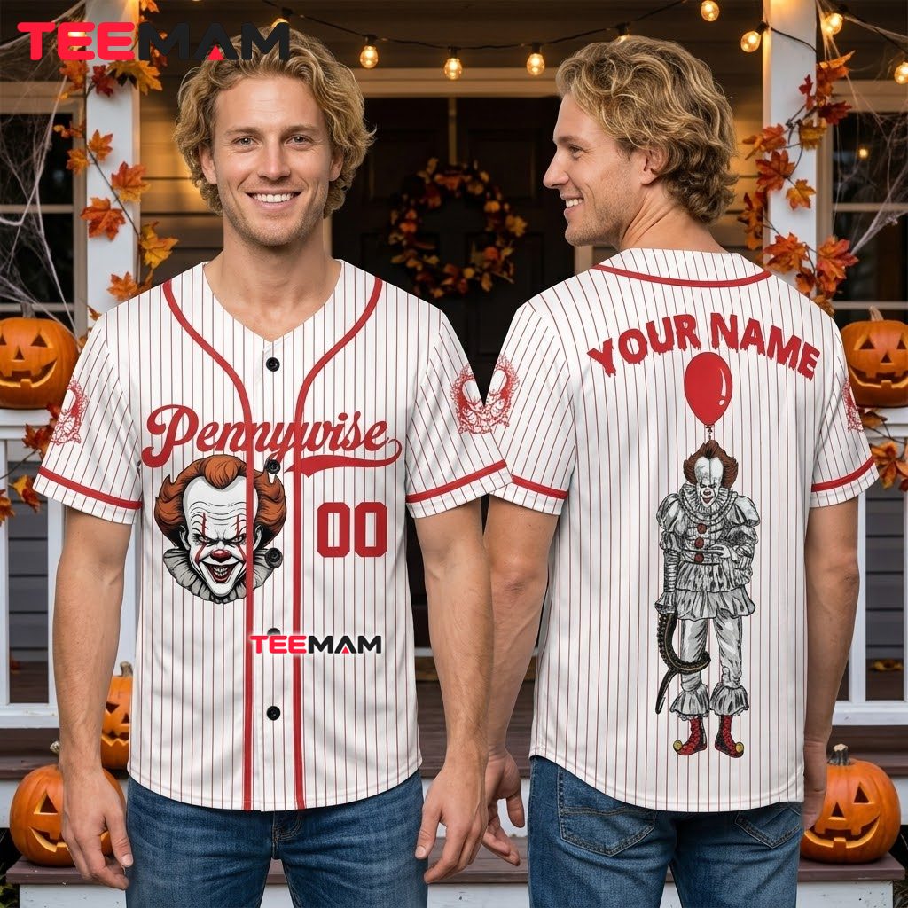 Personalized Pennywise Baseball Jersey Halloween Red White 2 Personalized Pennywise Baseball Jersey Halloween Red White 2