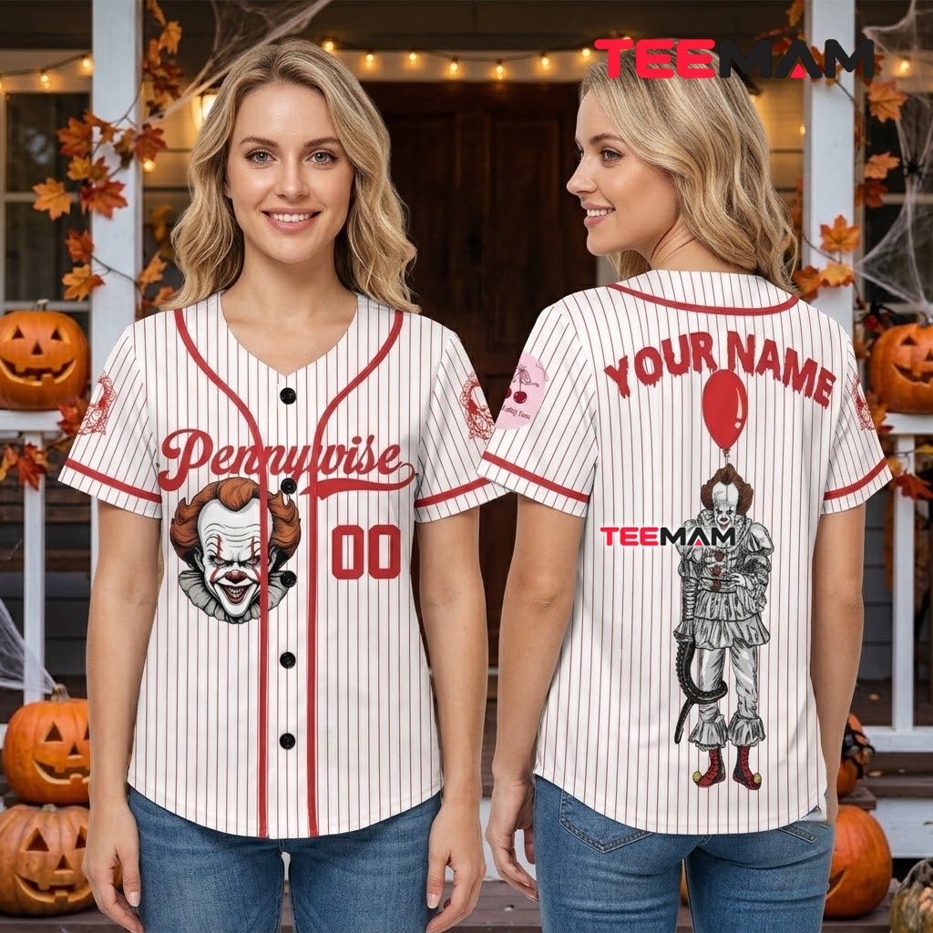 Personalized Pennywise Baseball Jersey Halloween Red White 3 Personalized Pennywise Baseball Jersey Halloween Red White 3
