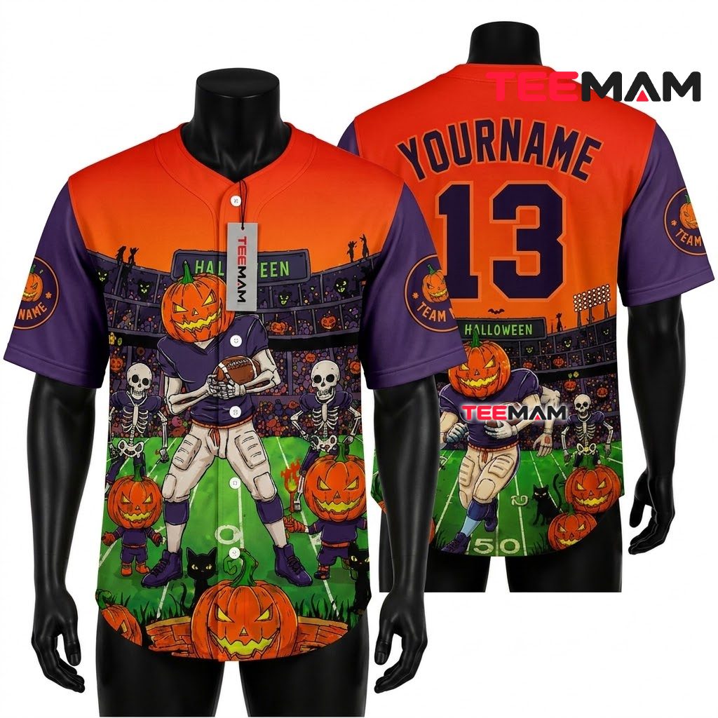 Personalized Pumpkin Head Football Halloween Baseball Jersey 1