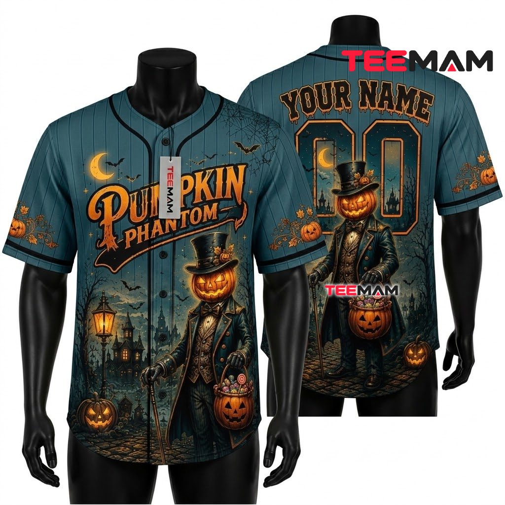 Personalized Pumpkin Phantom Halloween Baseball Jersey Teal 1