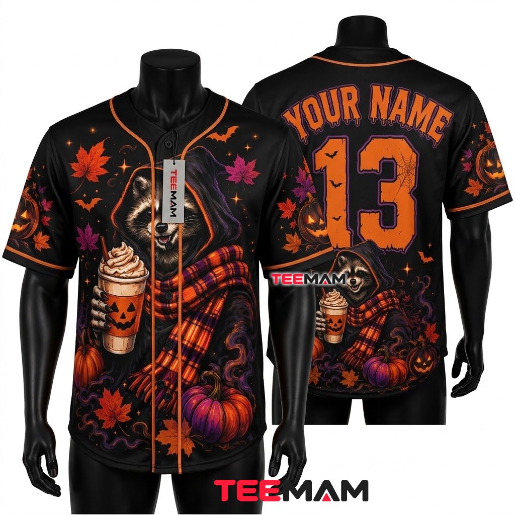 Personalized Raccoon Pumpkin Spice Halloween Baseball Jersey Black 1