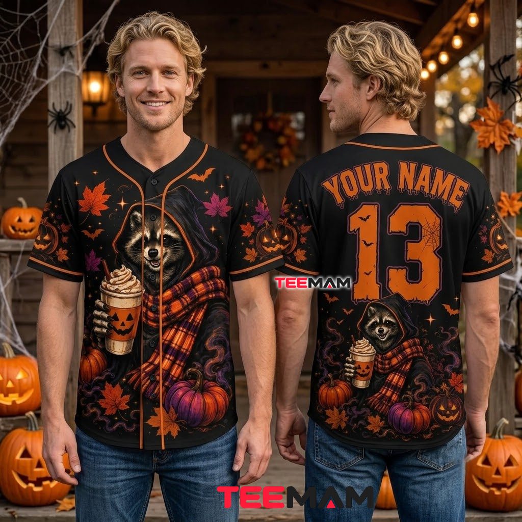 Personalized Raccoon Pumpkin Spice Halloween Baseball Jersey Black 2 Personalized Raccoon Pumpkin Spice Halloween Baseball Jersey Black 2
