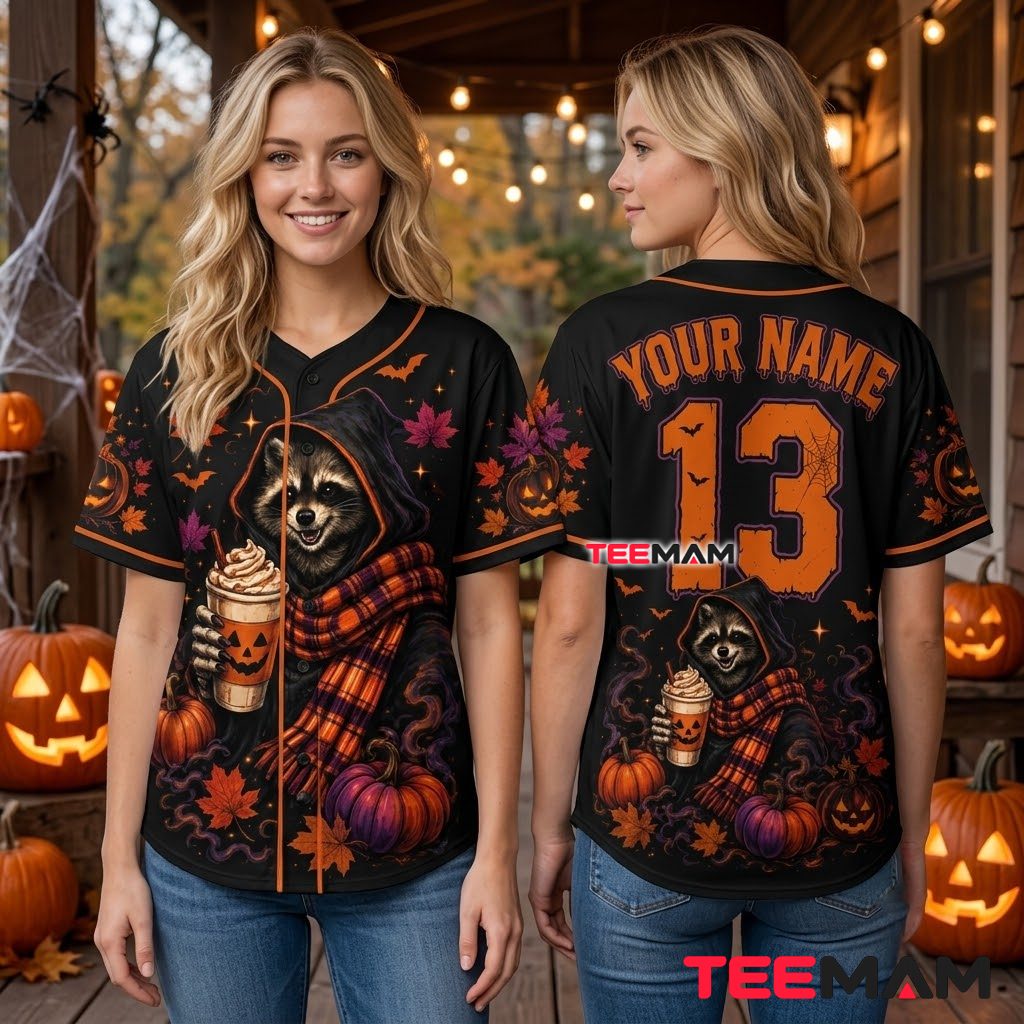 Personalized Raccoon Pumpkin Spice Halloween Baseball Jersey Black 3 Personalized Raccoon Pumpkin Spice Halloween Baseball Jersey Black 3