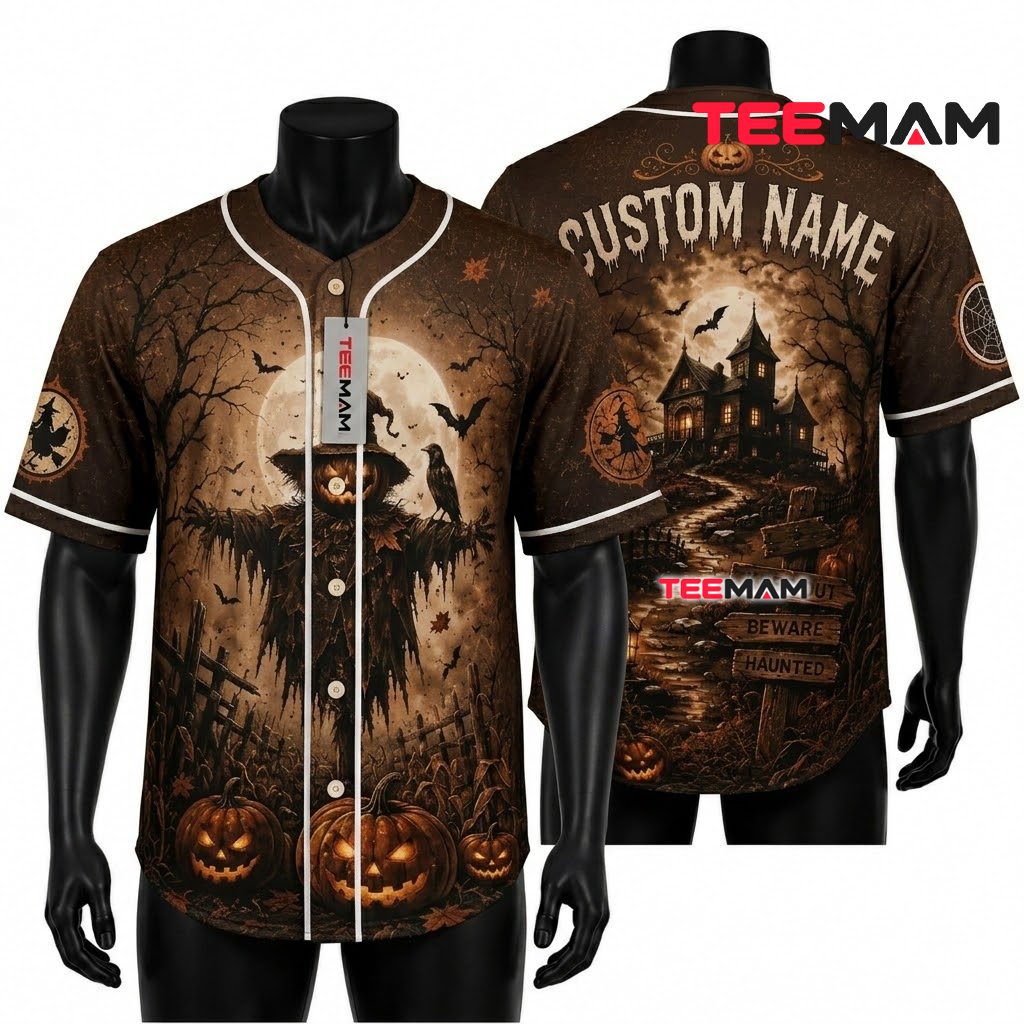 Personalized Scarecrow Halloween Baseball Jersey Haunted House Brown 1