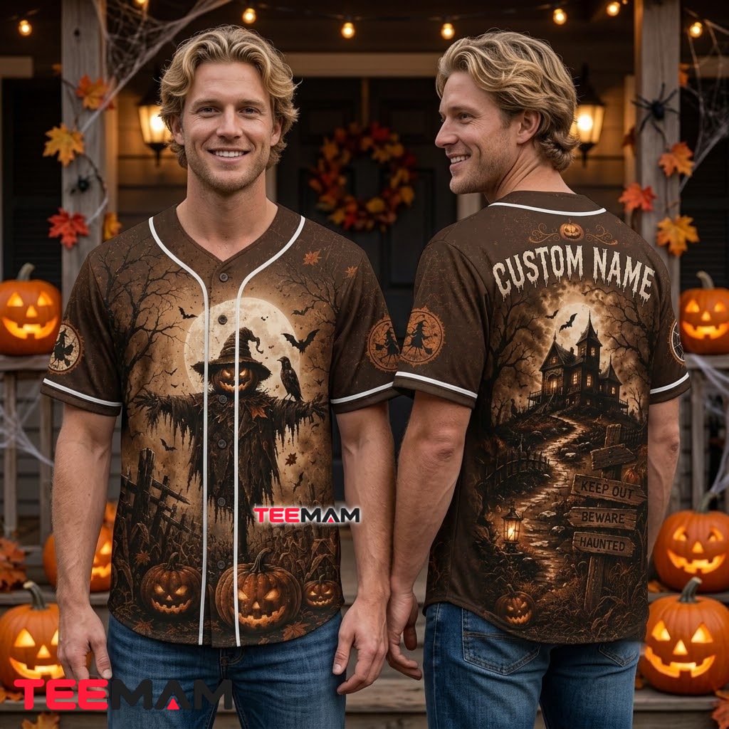 Personalized Scarecrow Halloween Baseball Jersey Haunted House Brown 2 Personalized Scarecrow Halloween Baseball Jersey Haunted House Brown 2