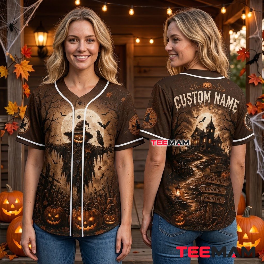 Personalized Scarecrow Halloween Baseball Jersey Haunted House Brown 3 Personalized Scarecrow Halloween Baseball Jersey Haunted House Brown 3