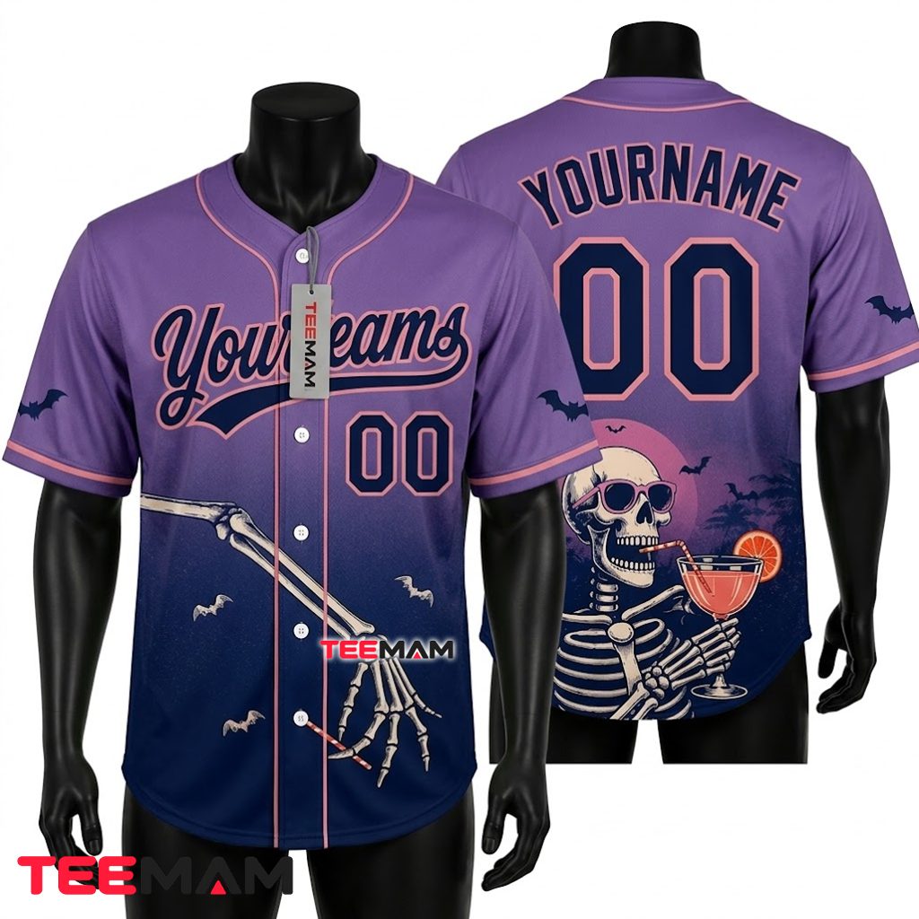 Personalized Skeleton Cocktail Halloween Baseball Jersey Purple 1