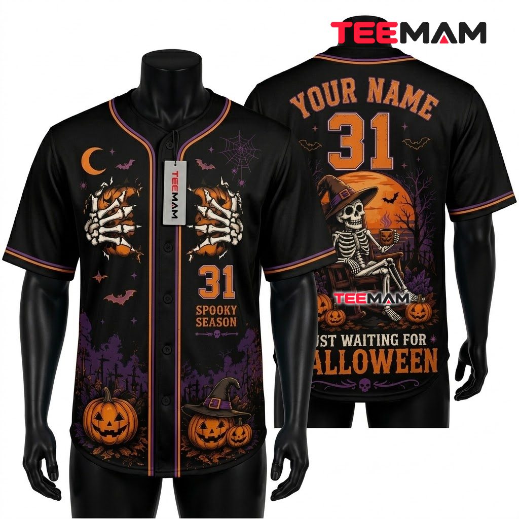 Personalized Skeleton Halloween Baseball Jersey Spooky Season Black 1