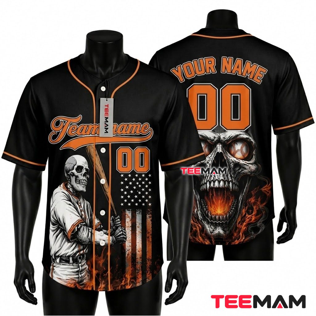 Personalized Skull Baseball Jersey USA Flag Fire Baseball Player 1