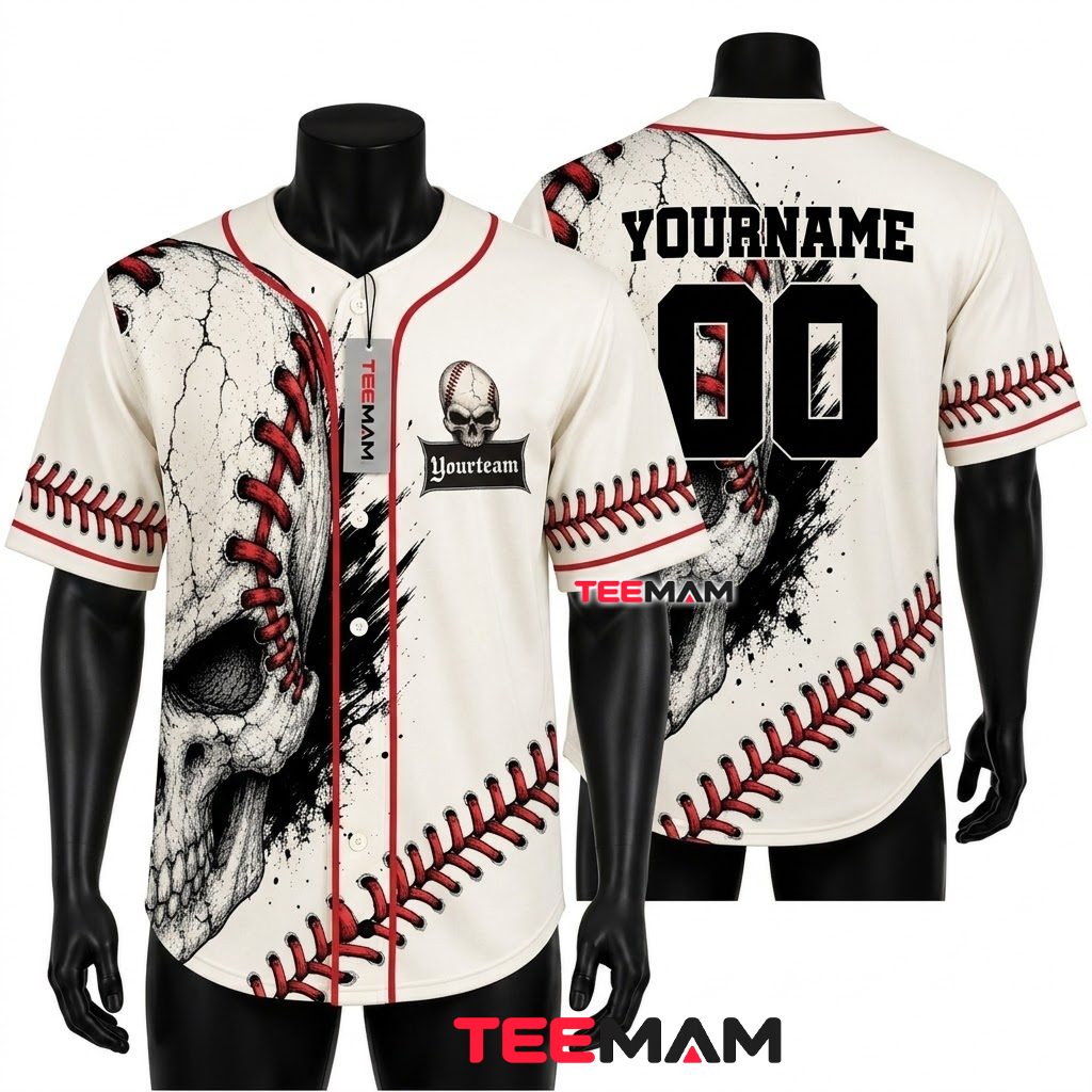 Personalized Skull Baseball Jersey White Red Baseball Stitch 1