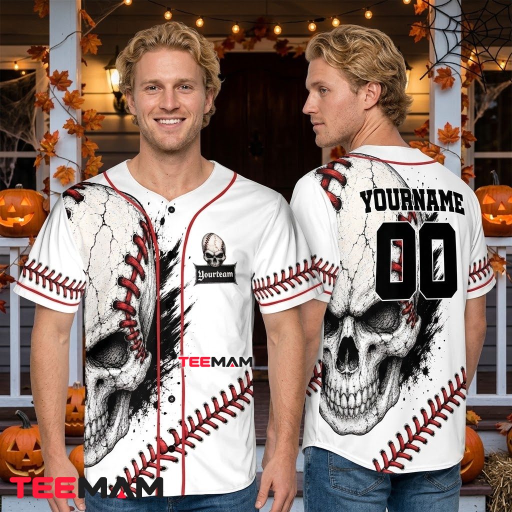 Personalized Skull Baseball Jersey White Red Baseball Stitch 2 Personalized Skull Baseball Jersey White Red Baseball Stitch 2