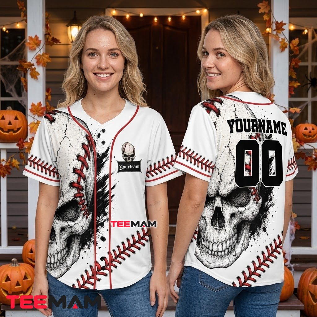 Personalized Skull Baseball Jersey White Red Baseball Stitch 3 Personalized Skull Baseball Jersey White Red Baseball Stitch 3