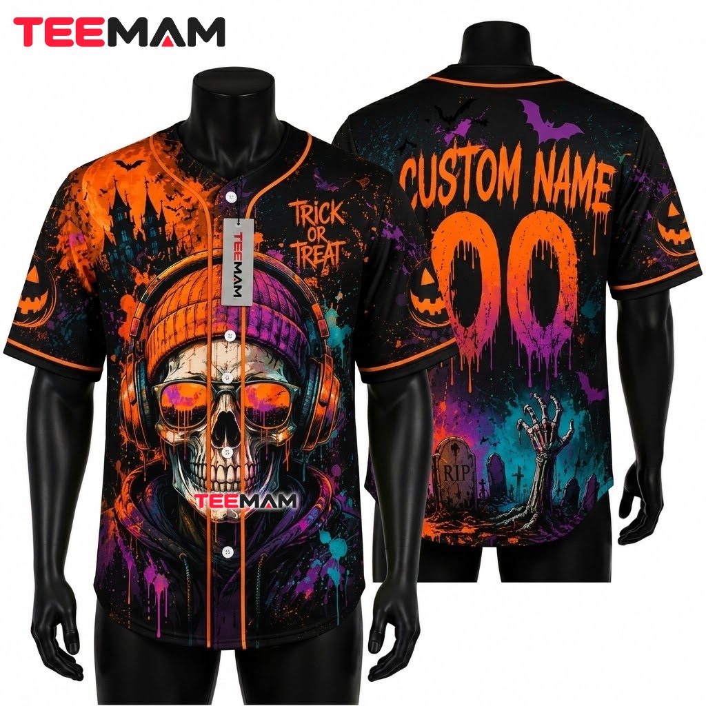Personalized Skull Trick Or Treat Baseball Jersey Halloween 1