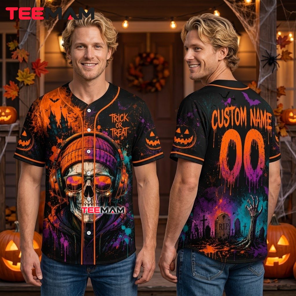 Personalized Skull Trick Or Treat Baseball Jersey Halloween 2 Personalized Skull Trick Or Treat Baseball Jersey Halloween 2