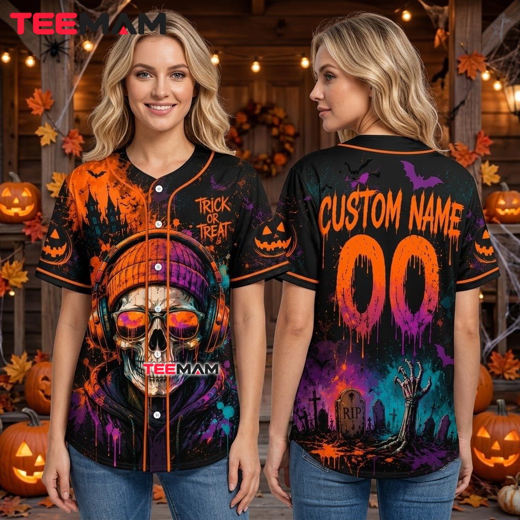 Personalized Skull Trick Or Treat Baseball Jersey Halloween 3 Personalized Skull Trick Or Treat Baseball Jersey Halloween 3