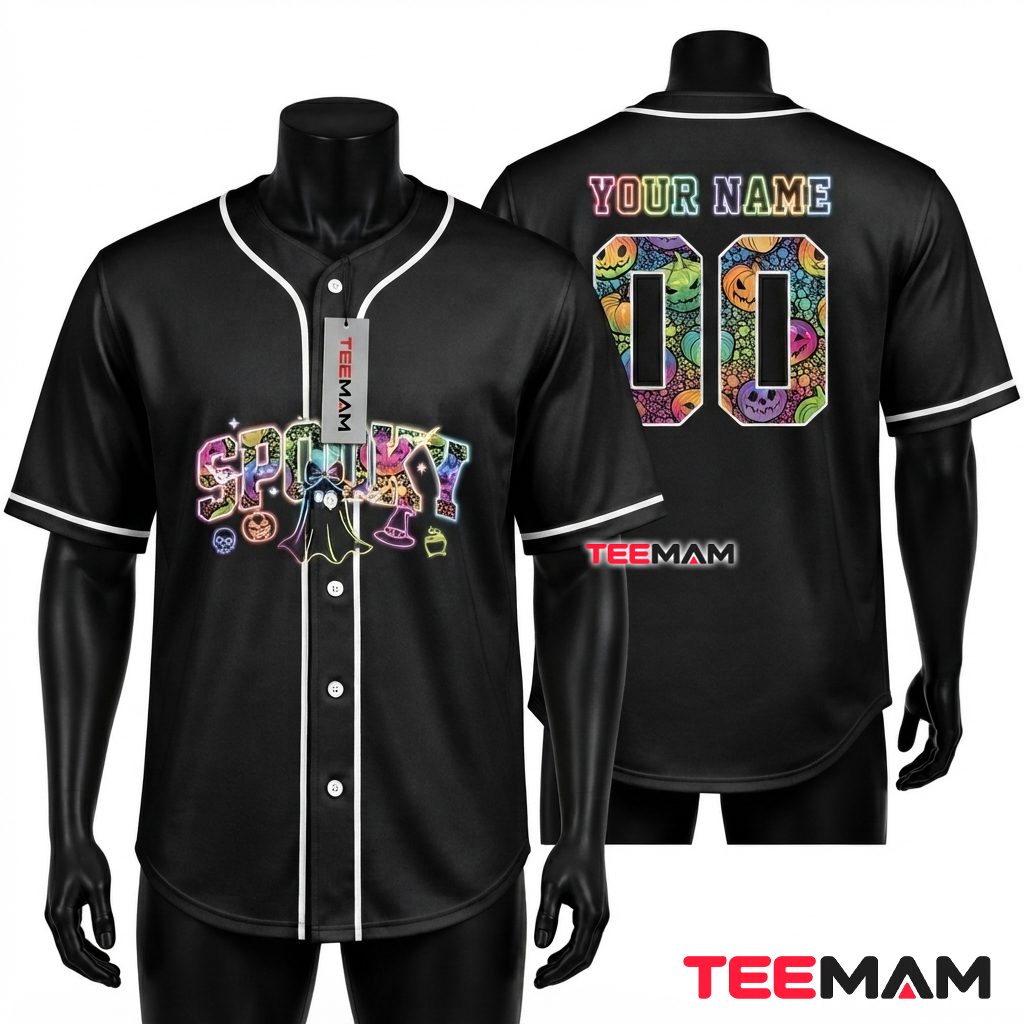 Personalized Spooky Halloween Baseball Jersey Neon Pumpkin Black 1