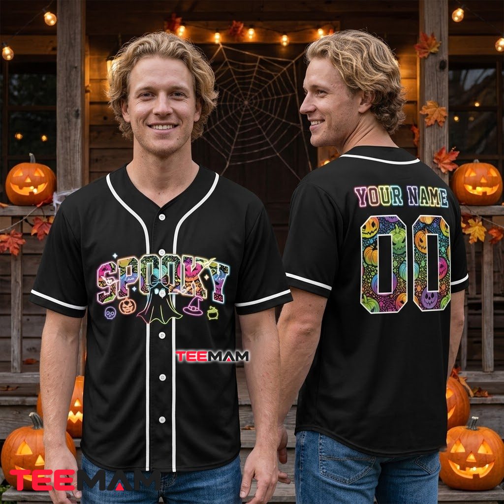 Personalized Spooky Halloween Baseball Jersey Neon Pumpkin Black 2 Personalized Spooky Halloween Baseball Jersey Neon Pumpkin Black 2