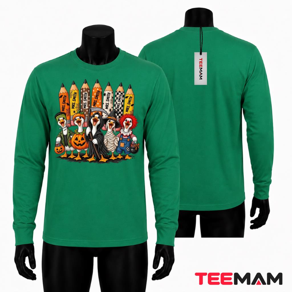Personalized Teacher Halloween Long Sleeve Duck Pencil Spooky Personalized Teacher Halloween Long Sleeve Duck Pencil Spooky