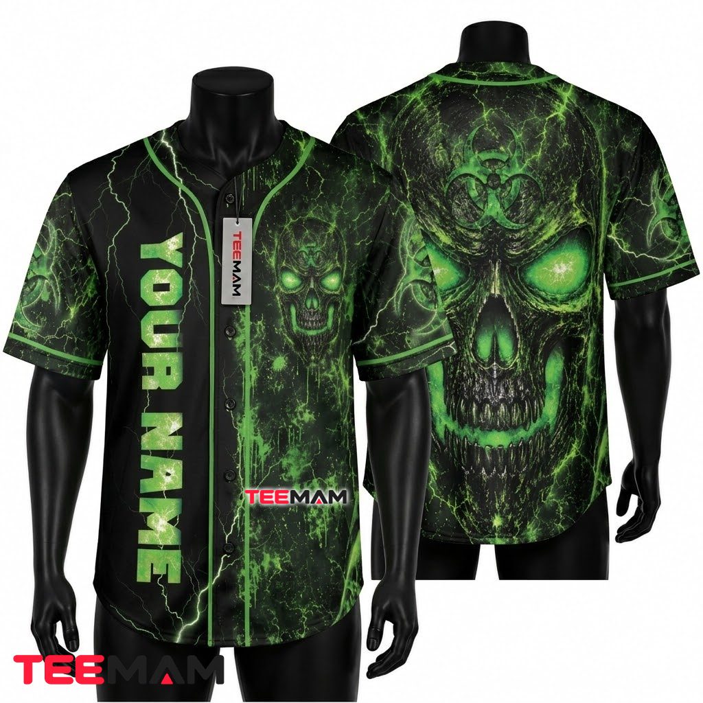 Personalized Toxic Skull Baseball Jersey Green Lightning Black 1