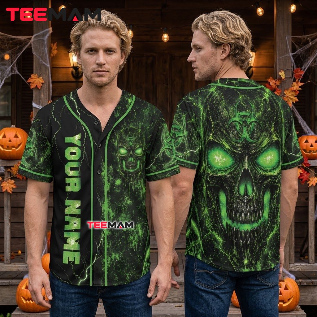 Personalized Toxic Skull Baseball Jersey Green Lightning Black 2 Personalized Toxic Skull Baseball Jersey Green Lightning Black 2