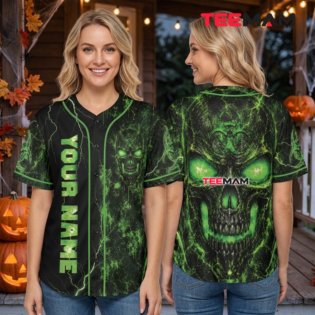 Personalized Toxic Skull Baseball Jersey Green Lightning Black 3 Personalized Toxic Skull Baseball Jersey Green Lightning Black 3