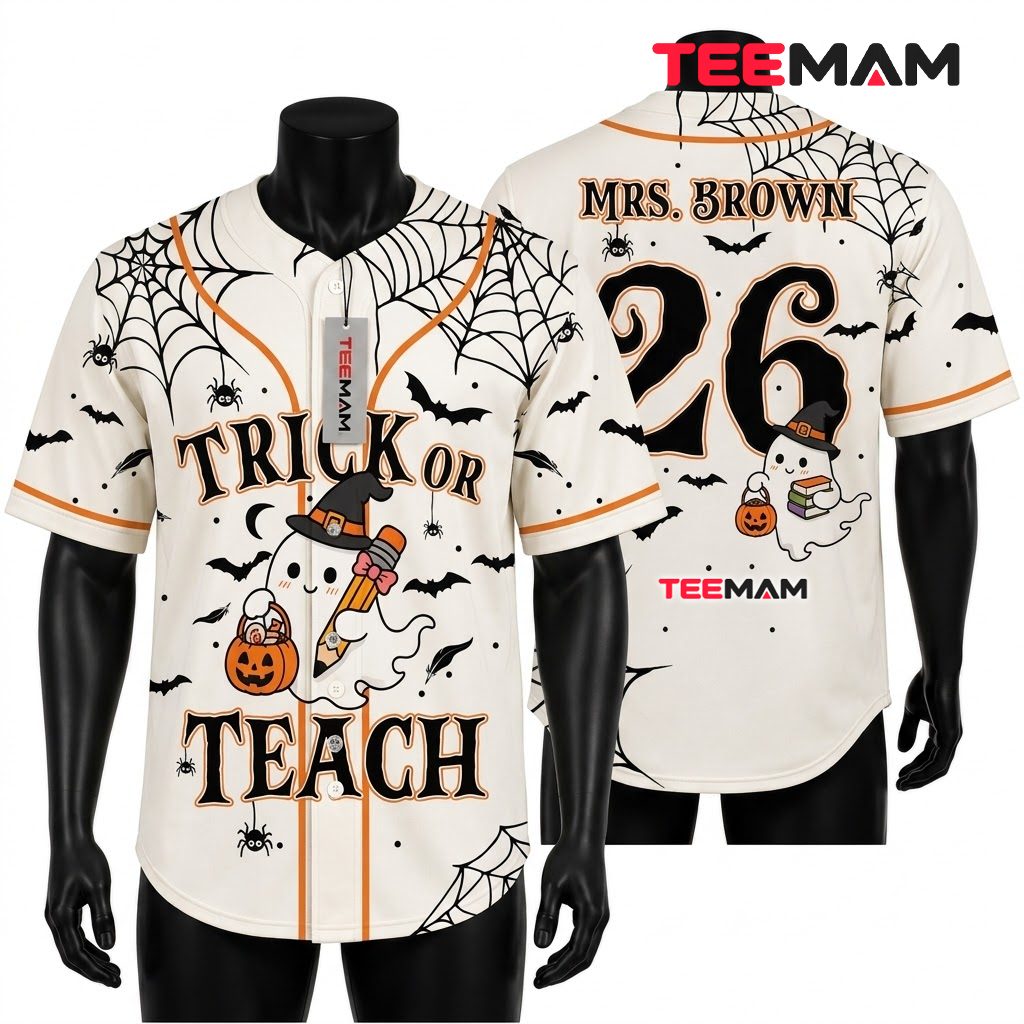 Personalized Trick Or Teach Halloween Baseball Jersey Ghost White 1