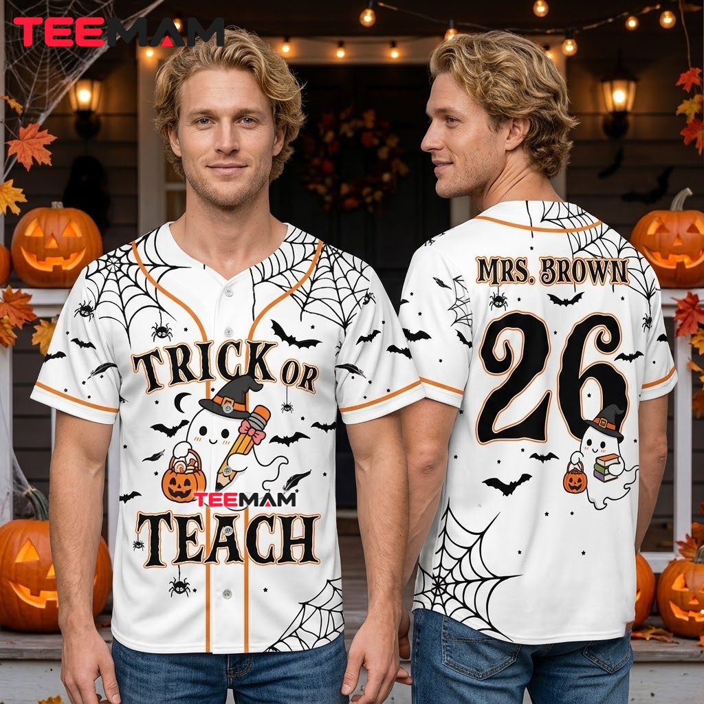 Personalized Trick Or Teach Halloween Baseball Jersey Ghost White 2 Personalized Trick Or Teach Halloween Baseball Jersey Ghost White 2