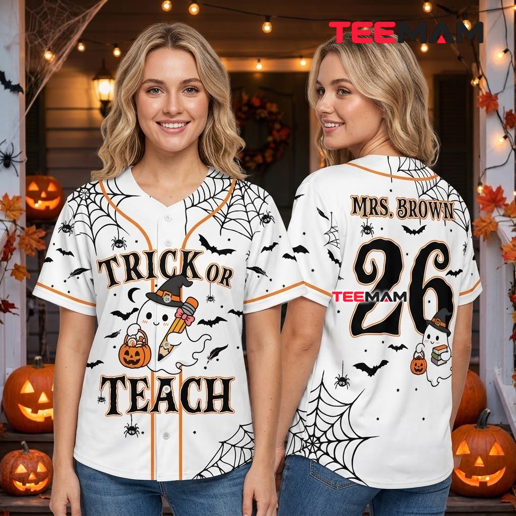 Personalized Trick Or Teach Halloween Baseball Jersey Ghost White 3 Personalized Trick Or Teach Halloween Baseball Jersey Ghost White 3