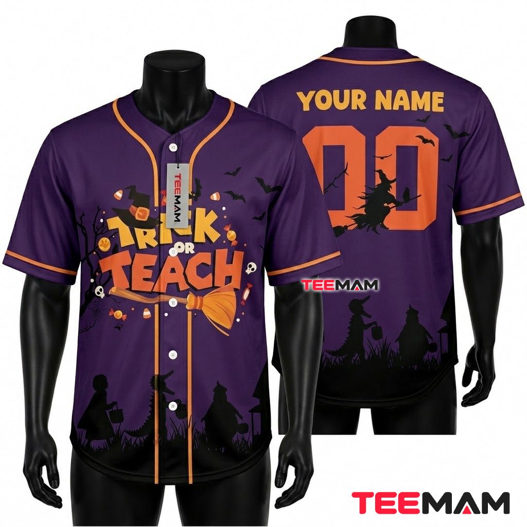 Personalized Trick Or Teach Halloween Baseball Jersey Witch Purple 1