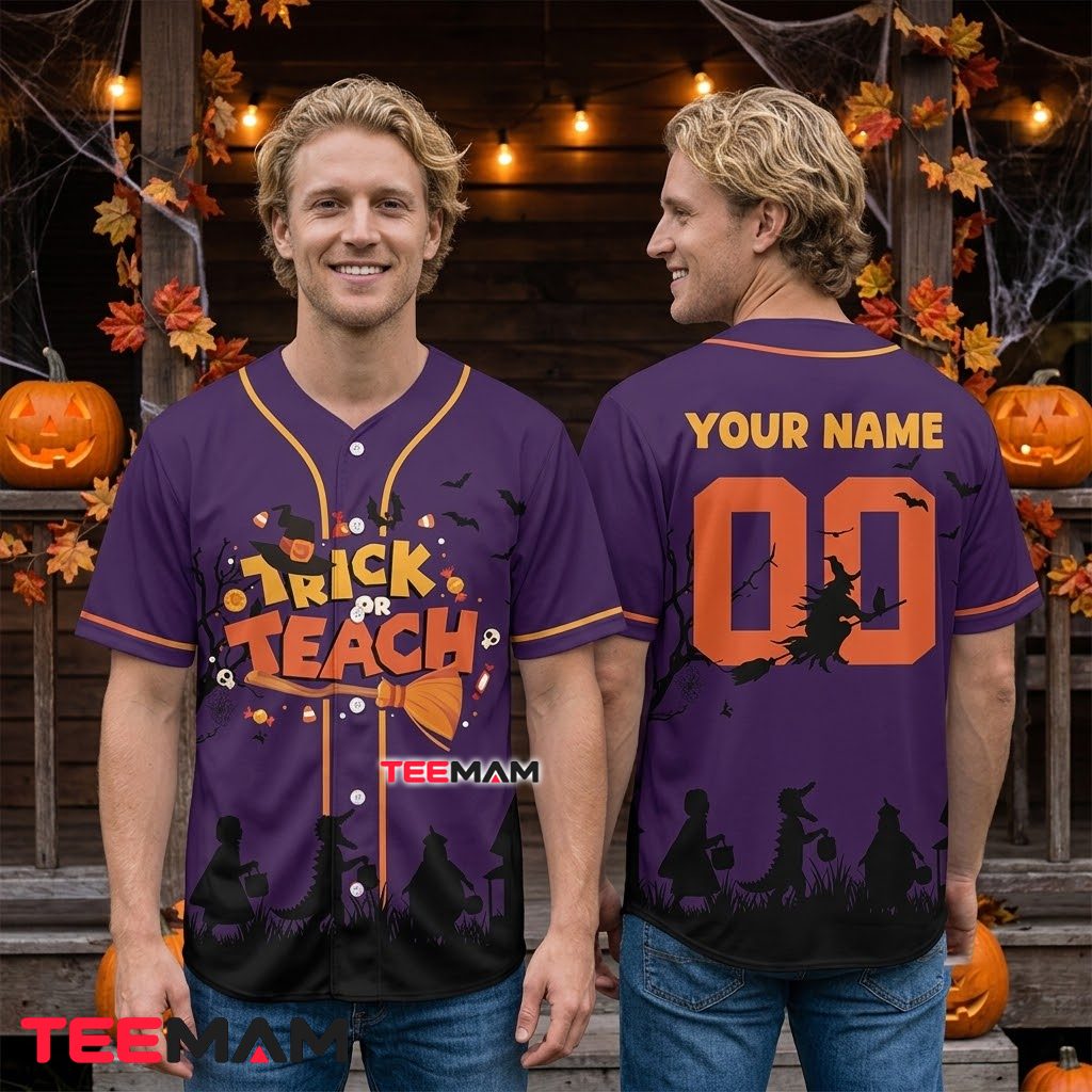 Personalized Trick Or Teach Halloween Baseball Jersey Witch Purple 2 Personalized Trick Or Teach Halloween Baseball Jersey Witch Purple 2