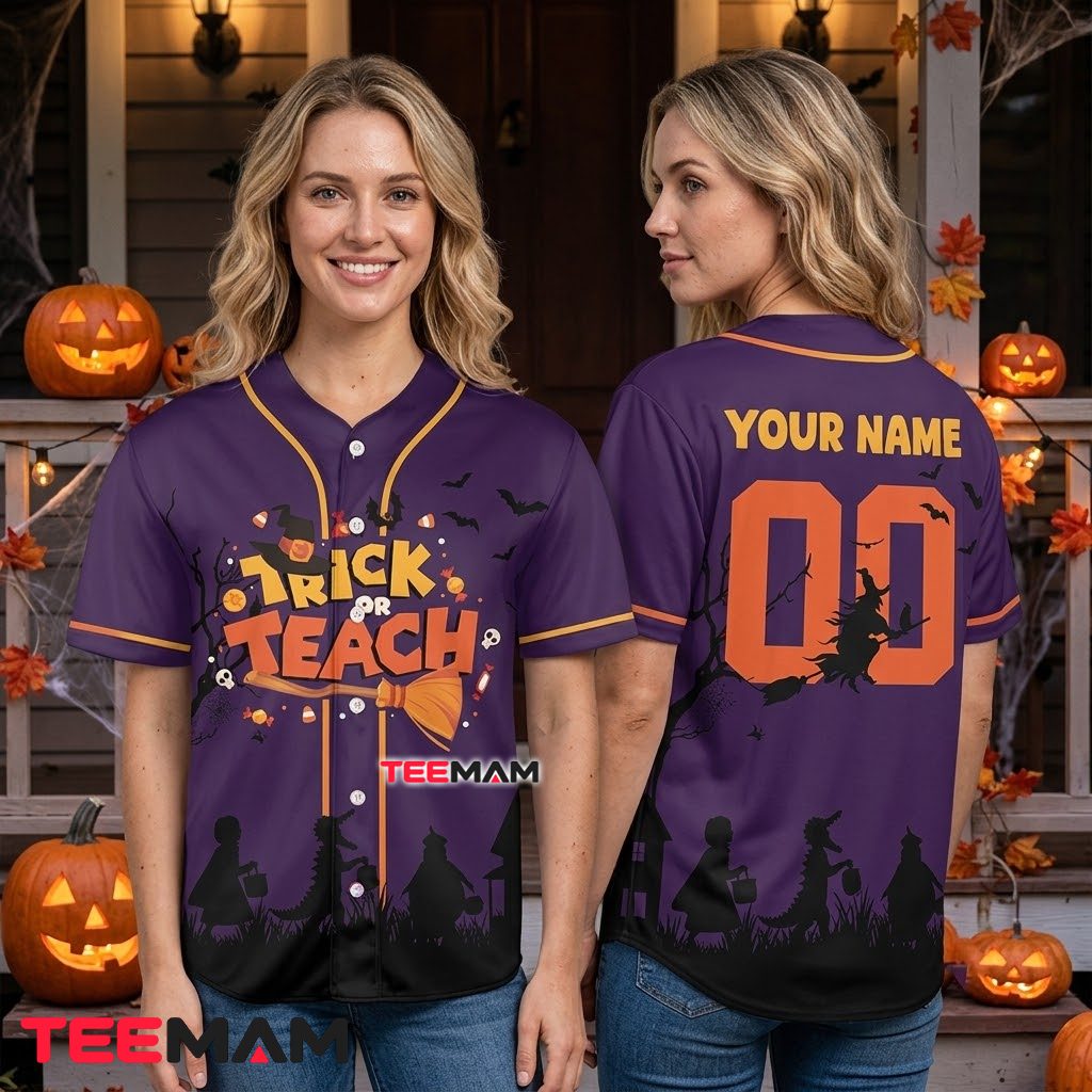 Personalized Trick Or Teach Halloween Baseball Jersey Witch Purple 3 Personalized Trick Or Teach Halloween Baseball Jersey Witch Purple 3