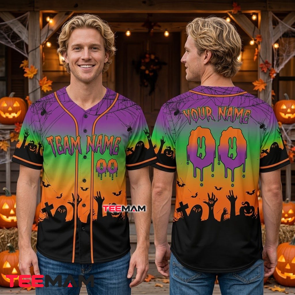 Personalized Zombie Hand Halloween Baseball Jersey Purple Green Orange 2 Personalized Zombie Hand Halloween Baseball Jersey Purple Green Orange 2
