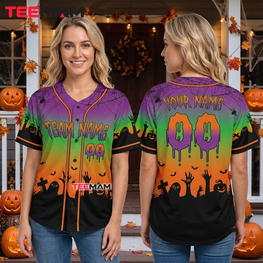 Personalized Zombie Hand Halloween Baseball Jersey Purple Green Orange 3 Personalized Zombie Hand Halloween Baseball Jersey Purple Green Orange 3
