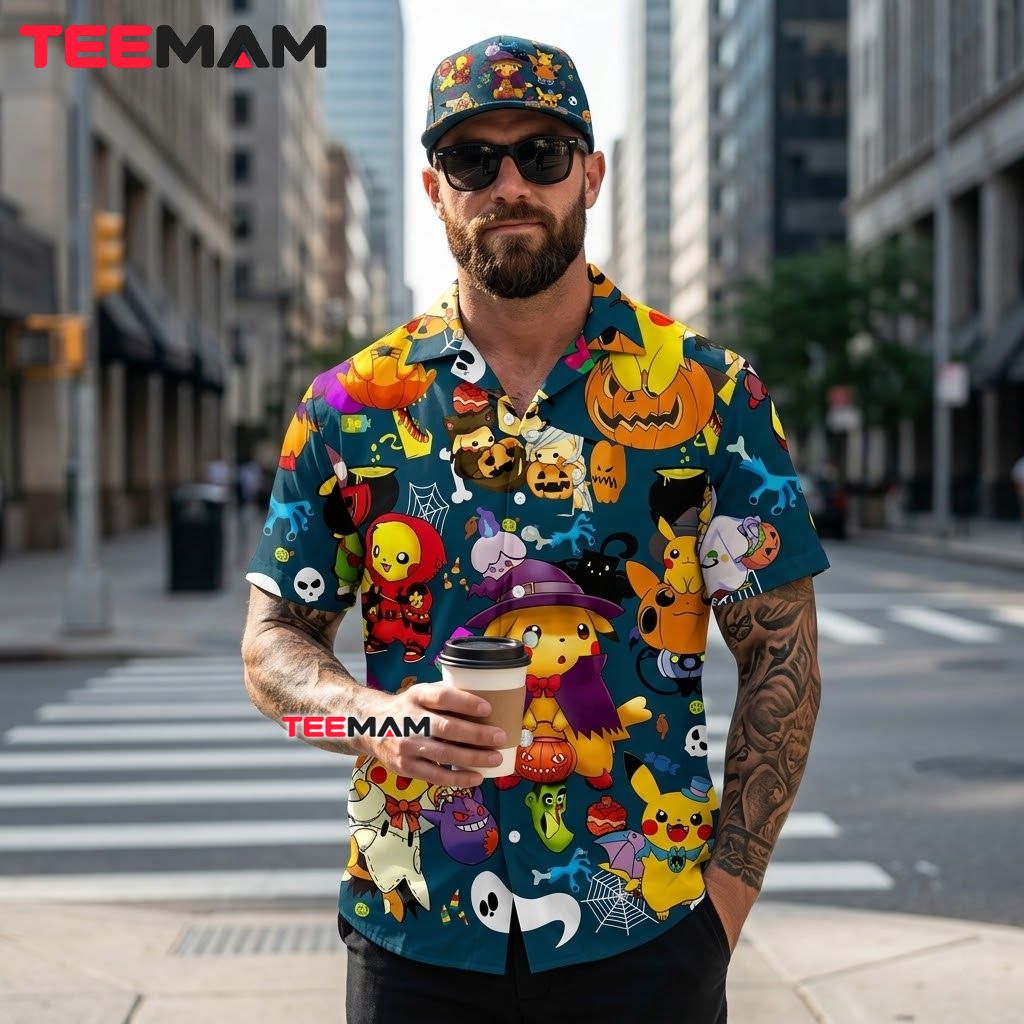 Pikachu Pokemon Hawaiian Shirt Halloween Costume Party Back Pikachu Pokemon Hawaiian Shirt Halloween Costume Party Back