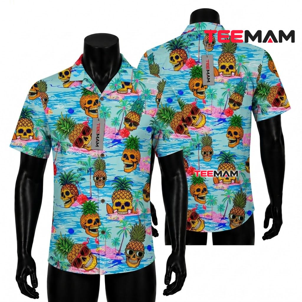Pineapple Hawaiian Shirt Skull Island Turquoise Beach Front