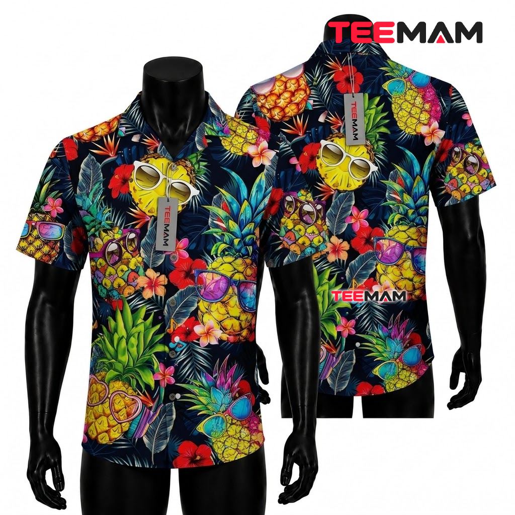 Pineapple Hawaiian Shirt Sunglasses Tropical Floral Navy Front