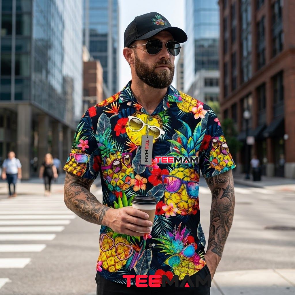 Pineapple Hawaiian Shirt Sunglasses Tropical Floral Navy Back Pineapple Hawaiian Shirt Sunglasses Tropical Floral Navy Back