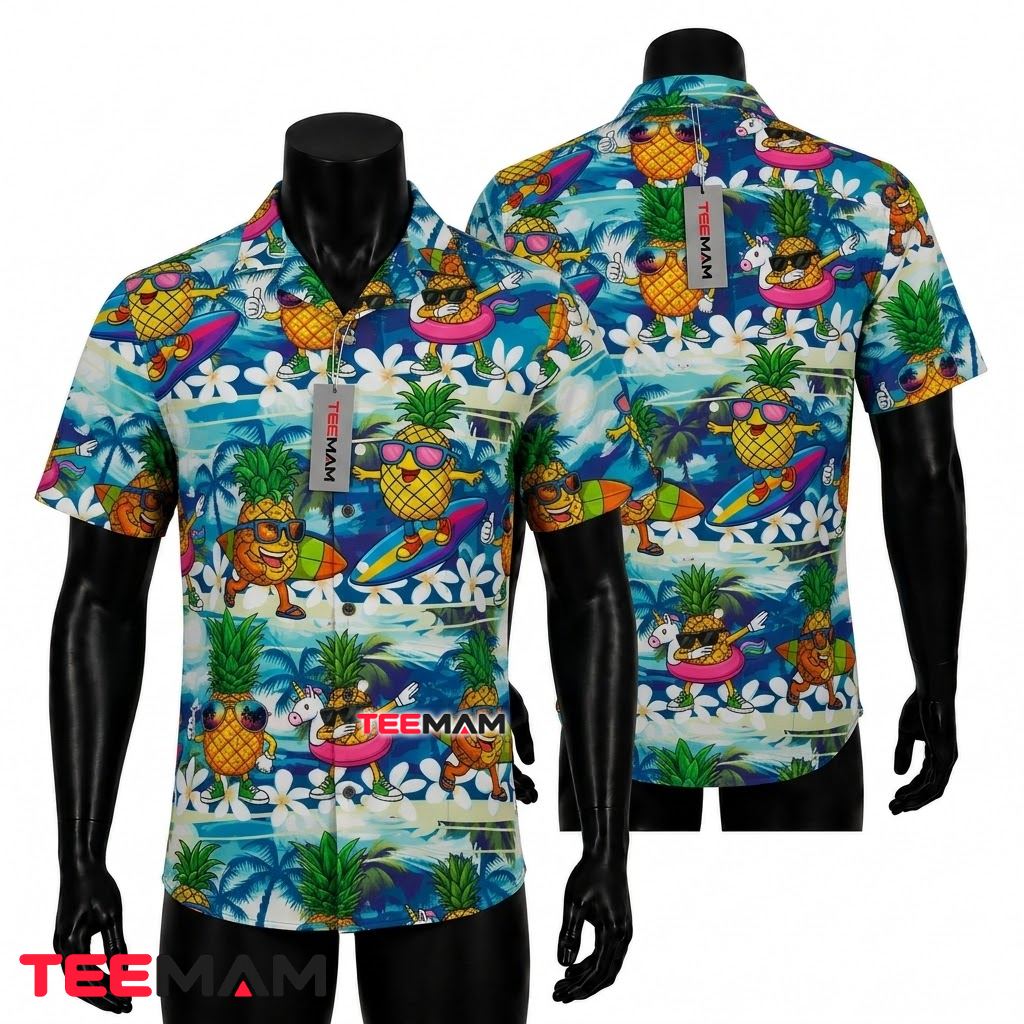 Pineapple Hawaiian Shirt Surfing Cartoon Ocean Wave Front