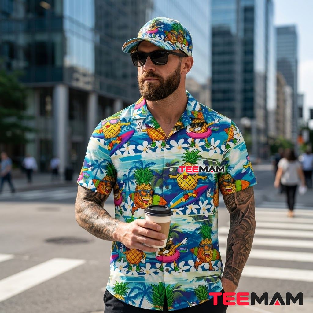 Pineapple Hawaiian Shirt Surfing Cartoon Ocean Wave Back Pineapple Hawaiian Shirt Surfing Cartoon Ocean Wave Back