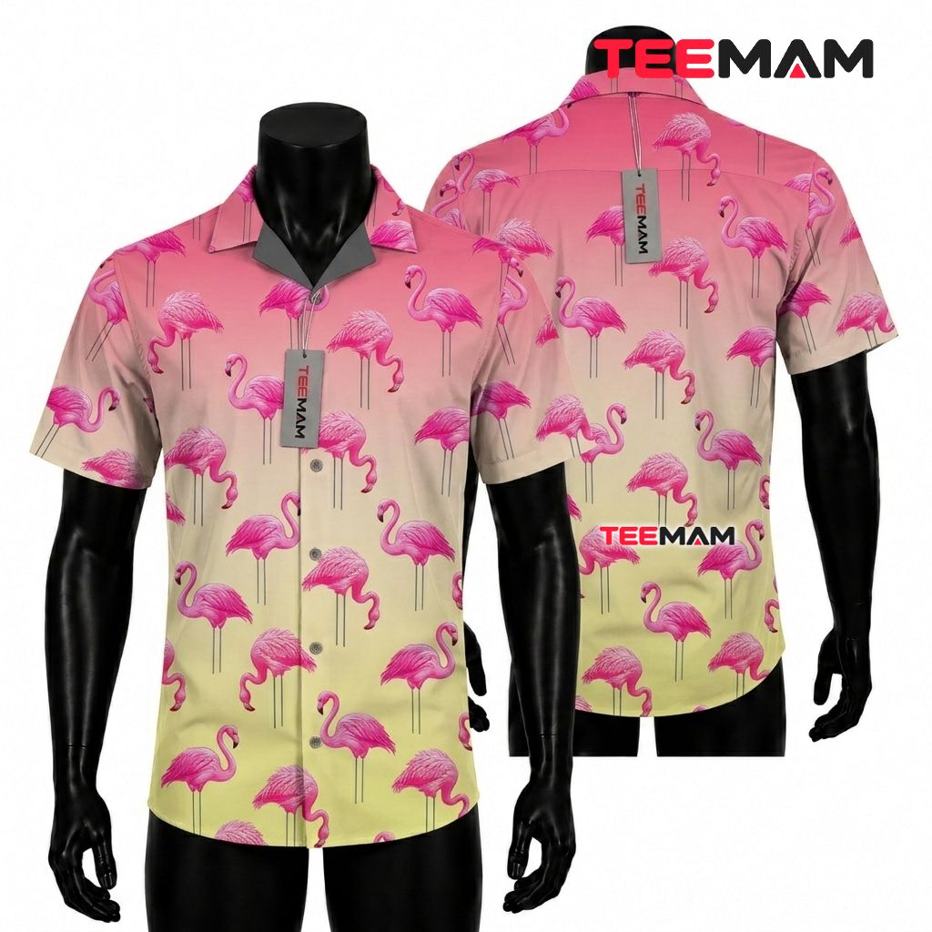 Pink Flamingo Hawaiian Shirt Gradient Yellow Tropical Beach Front