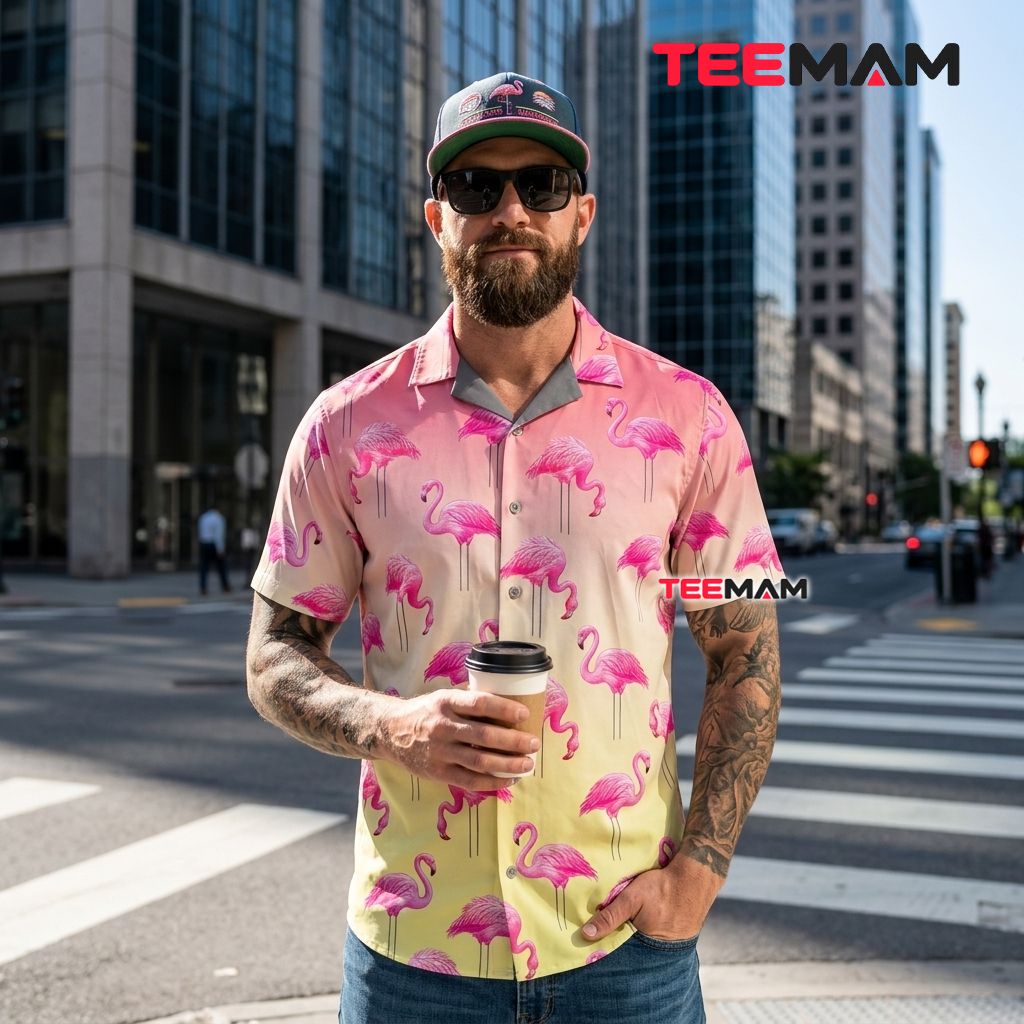Pink Flamingo Hawaiian Shirt Gradient Yellow Tropical Beach Back Pink Flamingo Hawaiian Shirt Gradient Yellow Tropical Beach Back