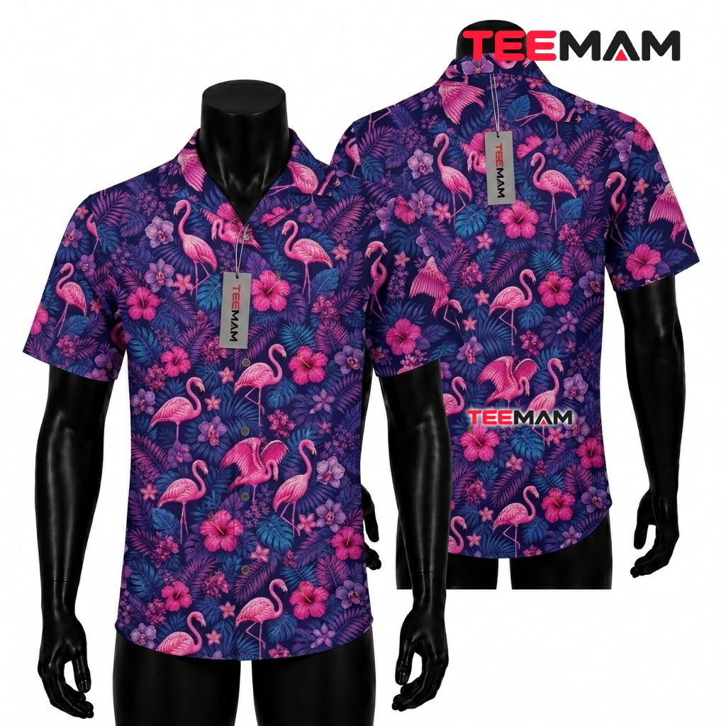 Pink Flamingo Hawaiian Shirt Tropical Hibiscus Orchid Purple Navy Front