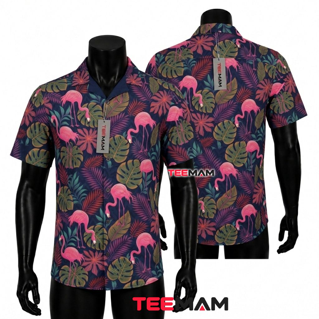 Pink Flamingo Hawaiian Shirt Tropical Monstera Leaves Dark Navy Blue Front