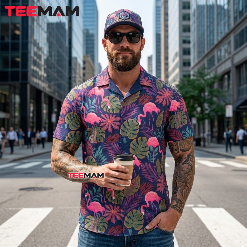 Pink Flamingo Hawaiian Shirt Tropical Monstera Leaves Dark Navy Blue Back Pink Flamingo Hawaiian Shirt Tropical Monstera Leaves Dark Navy Blue Back